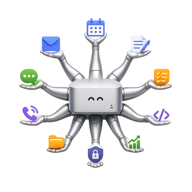 The Kastellan robot mascot holding mail, calendar, chat, and code icons